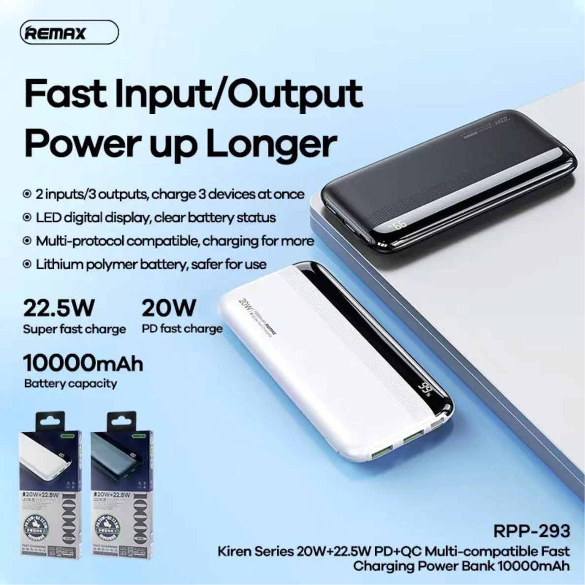 REMAX RPP-293 10000MAH KIREN SERIES 20W+22.5W PD+QC POWER BANK (INPUT-MICRO/OUTPUT-2USB) (TYPE-C IN/OUT)